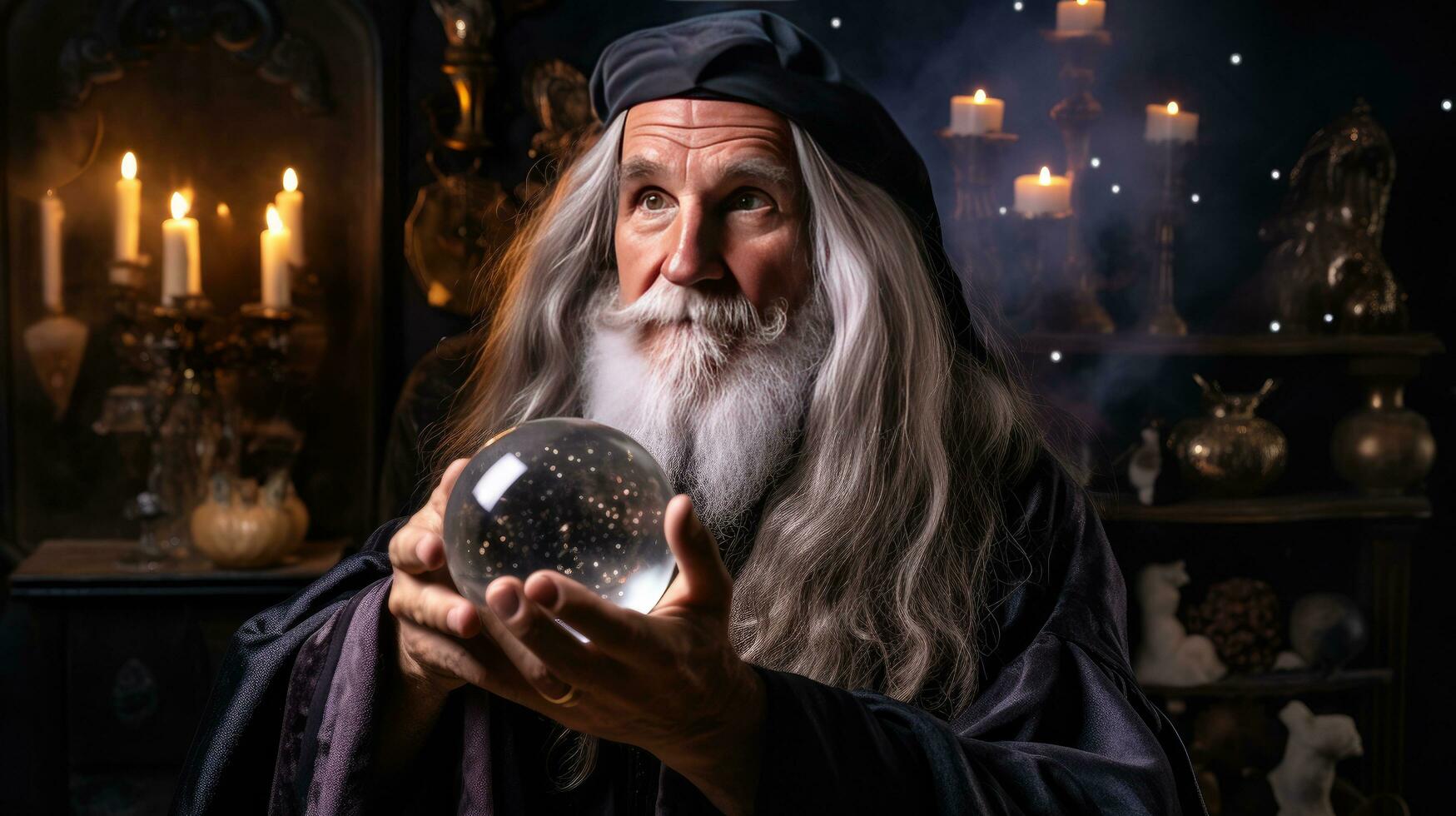 Wizard looking in crystal ball to predict future photo