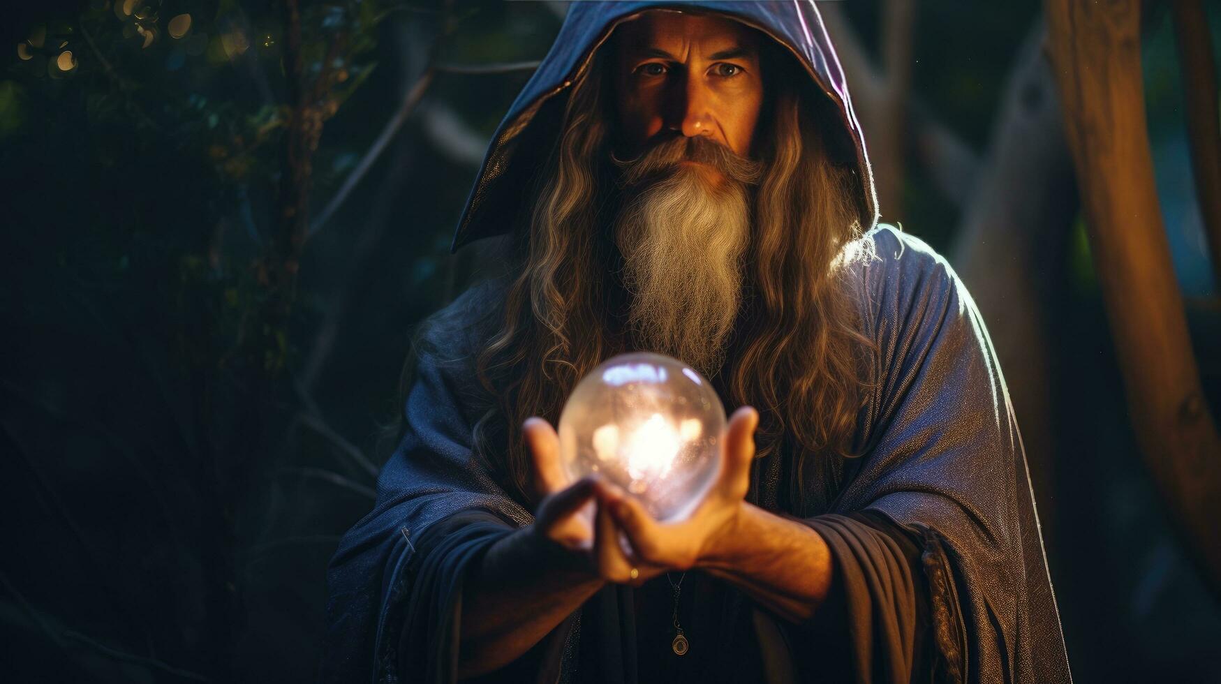 Wizard looking in crystal ball to predict future photo