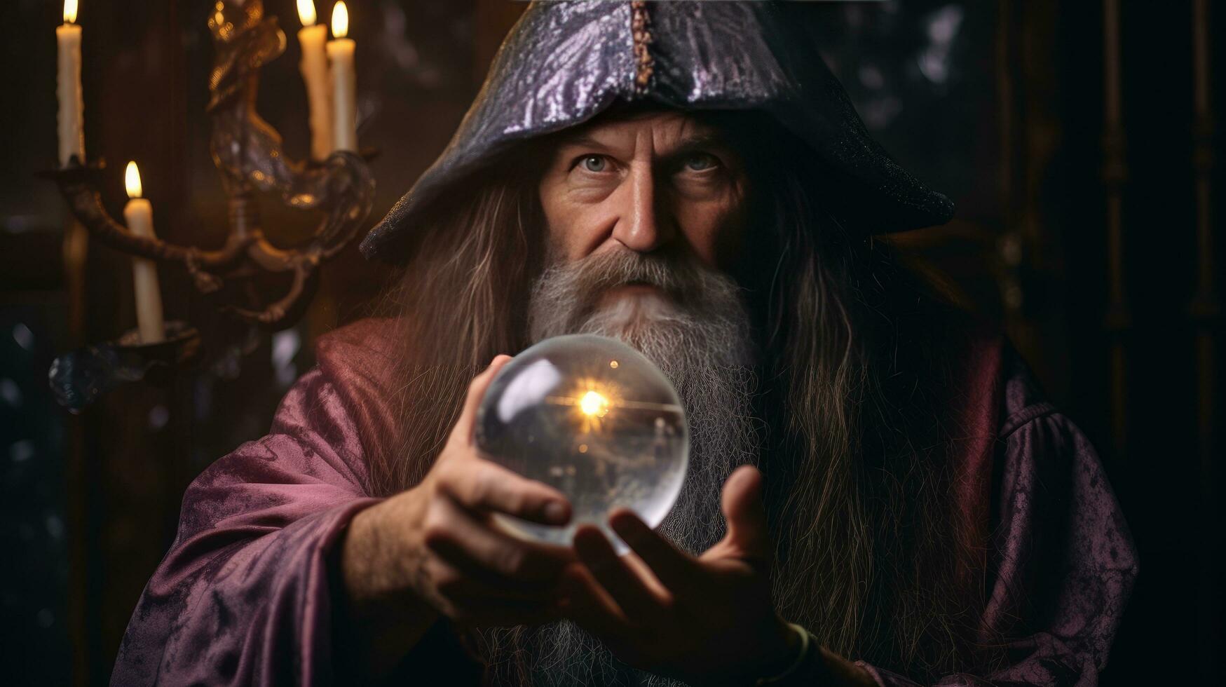 Wizard looking in crystal ball to predict future photo