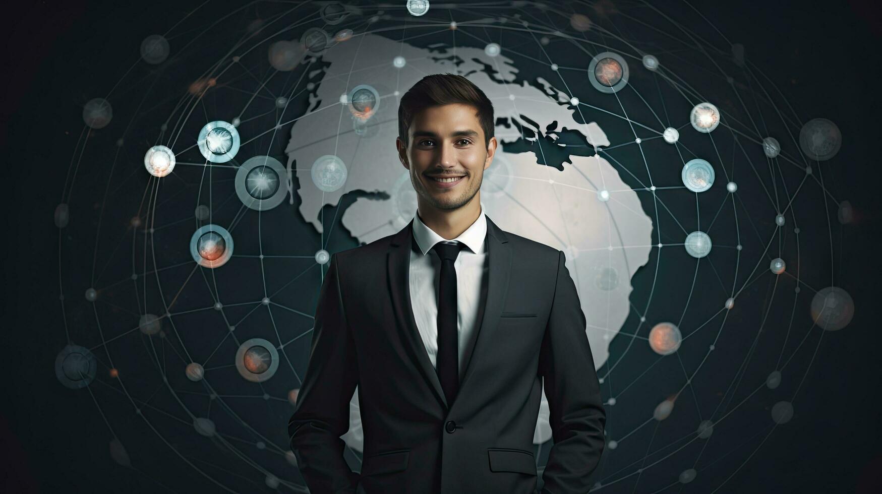 Smiling standing businessman with globe icon set world wide web concept Set of planet web symbols planet icon photo