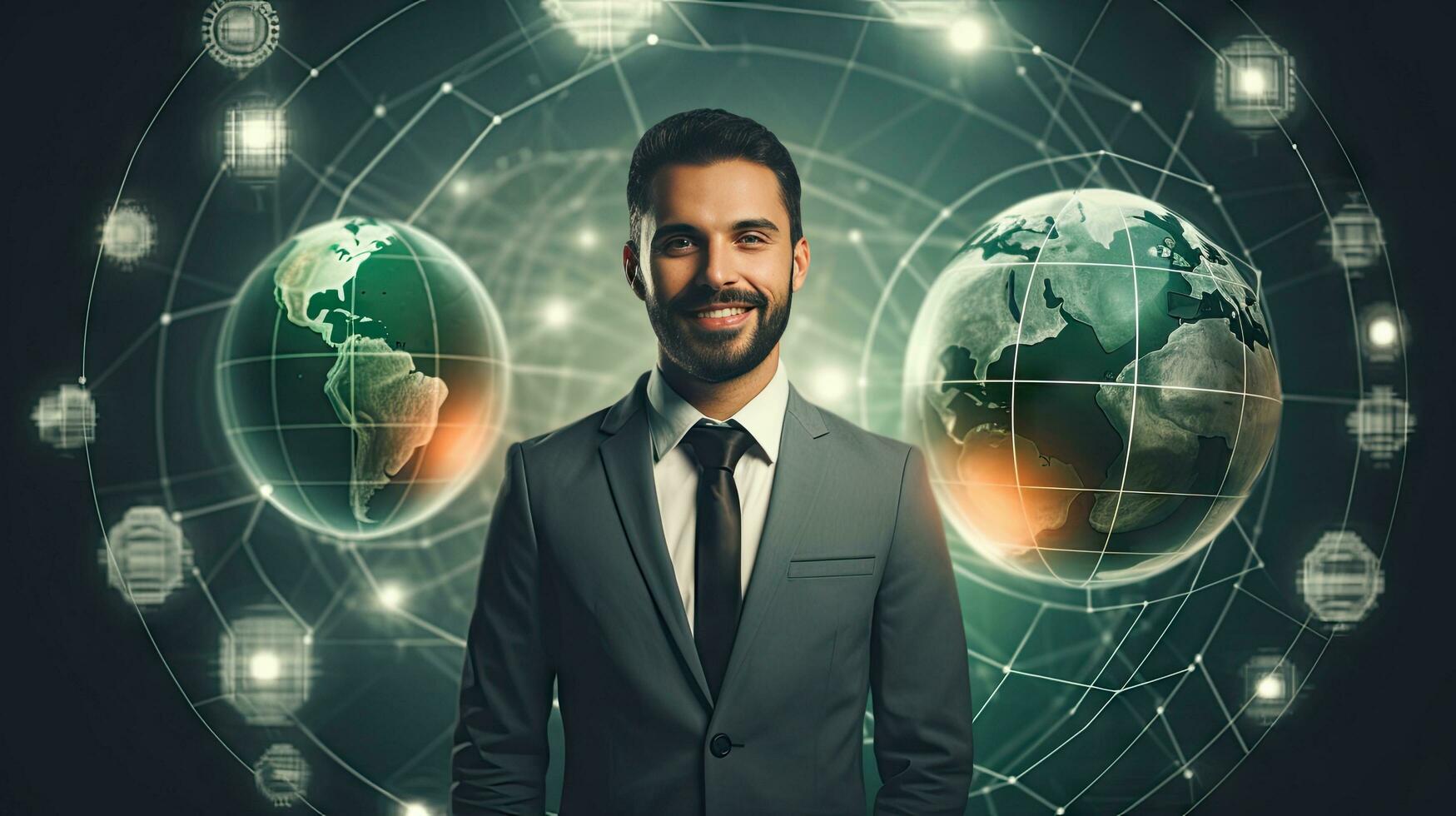 Smiling standing businessman with globe icon set world wide web concept Set of planet web symbols planet icon photo