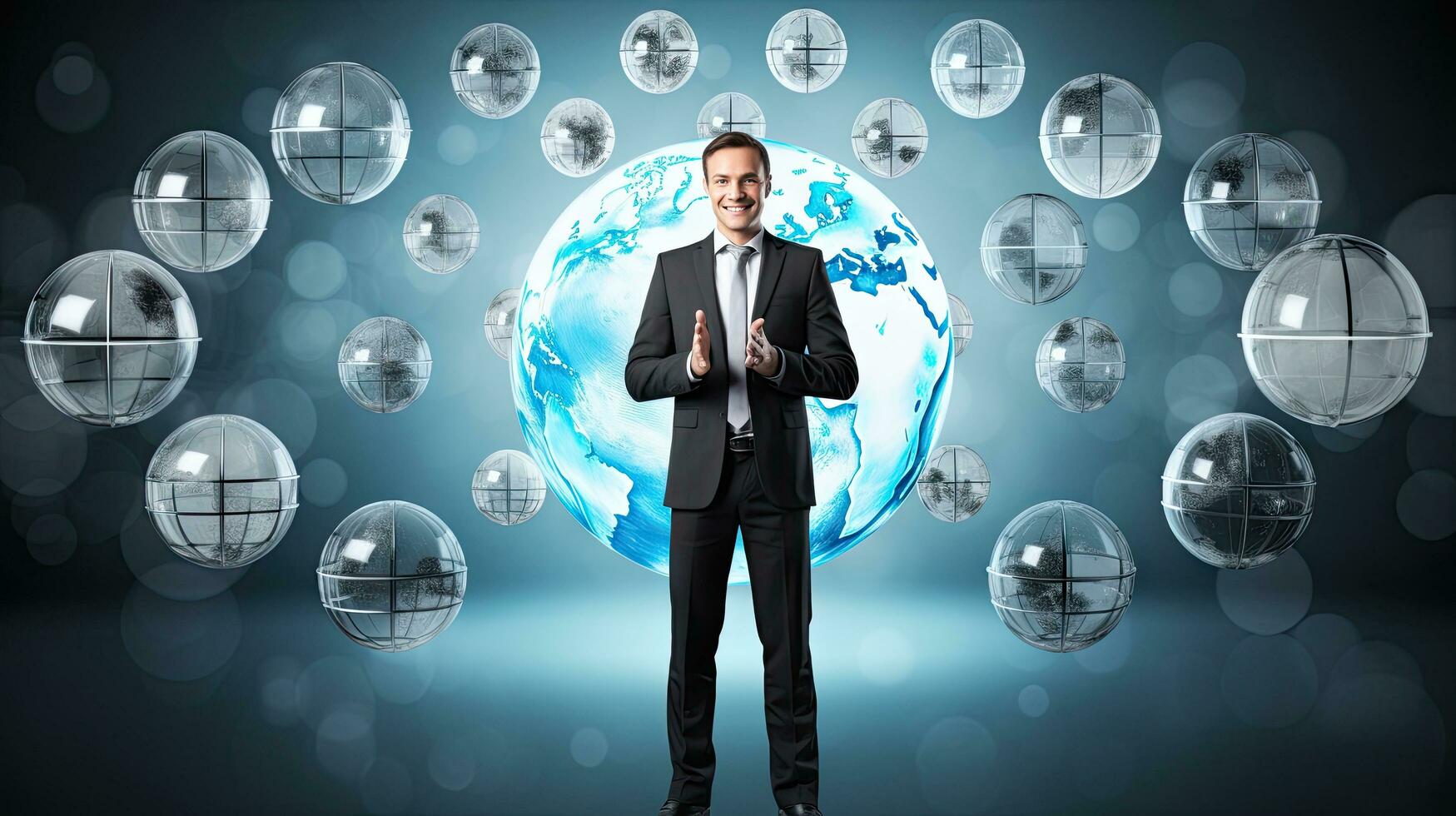 Smiling standing businessman with globe icon set world wide web concept Set of planet web symbols planet icon photo