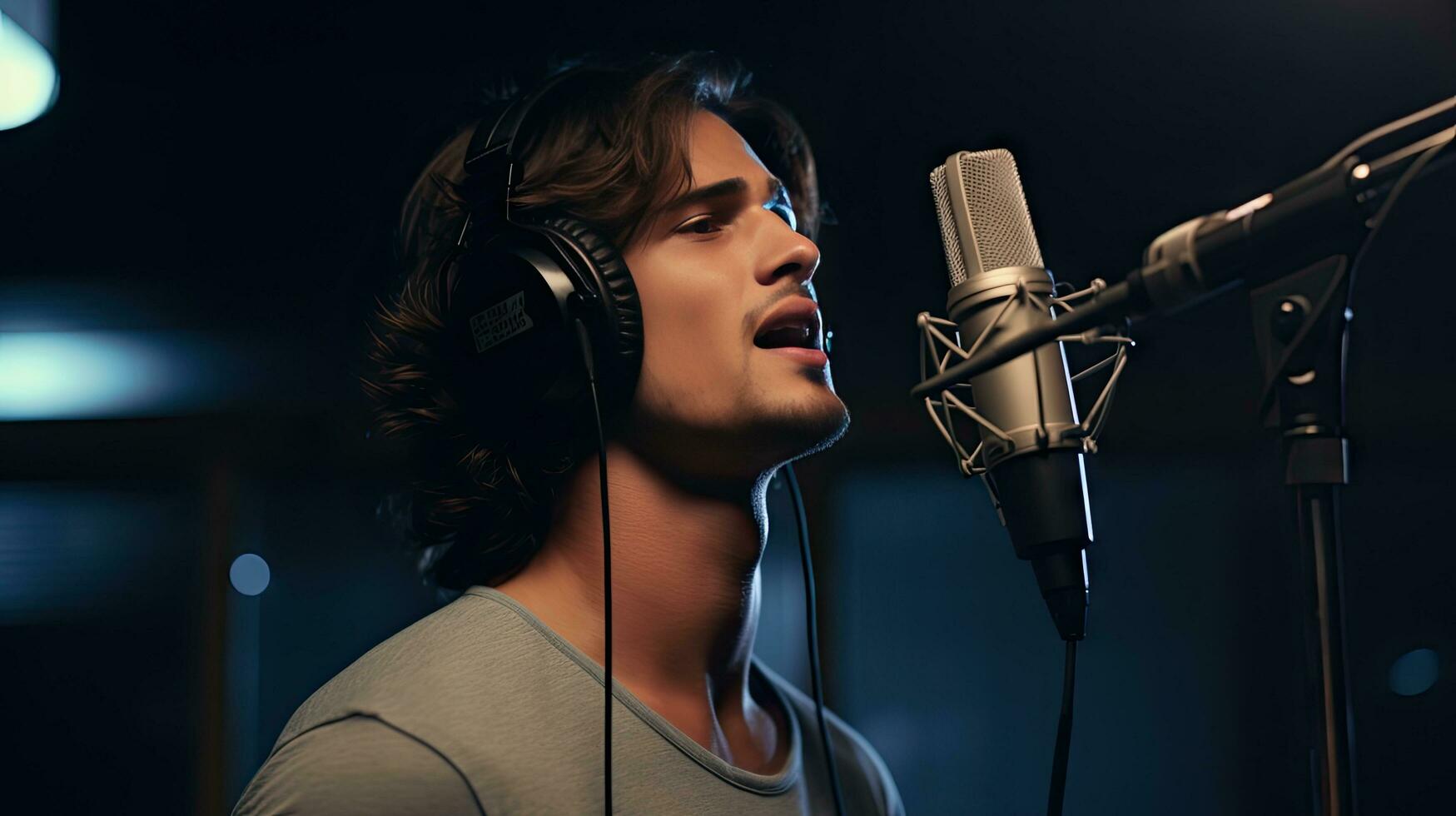 Skillful male singer with eyes closed in casual clothes with headphones and music recorded on laptop in modern lighting studio with professional microphone. photo