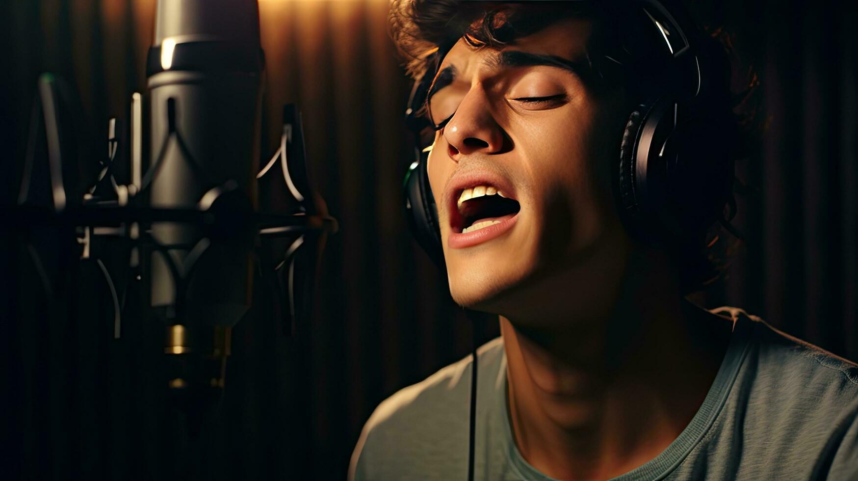 Skillful male singer with eyes closed in casual clothes with headphones and music recorded on laptop in modern lighting studio with professional microphone. photo