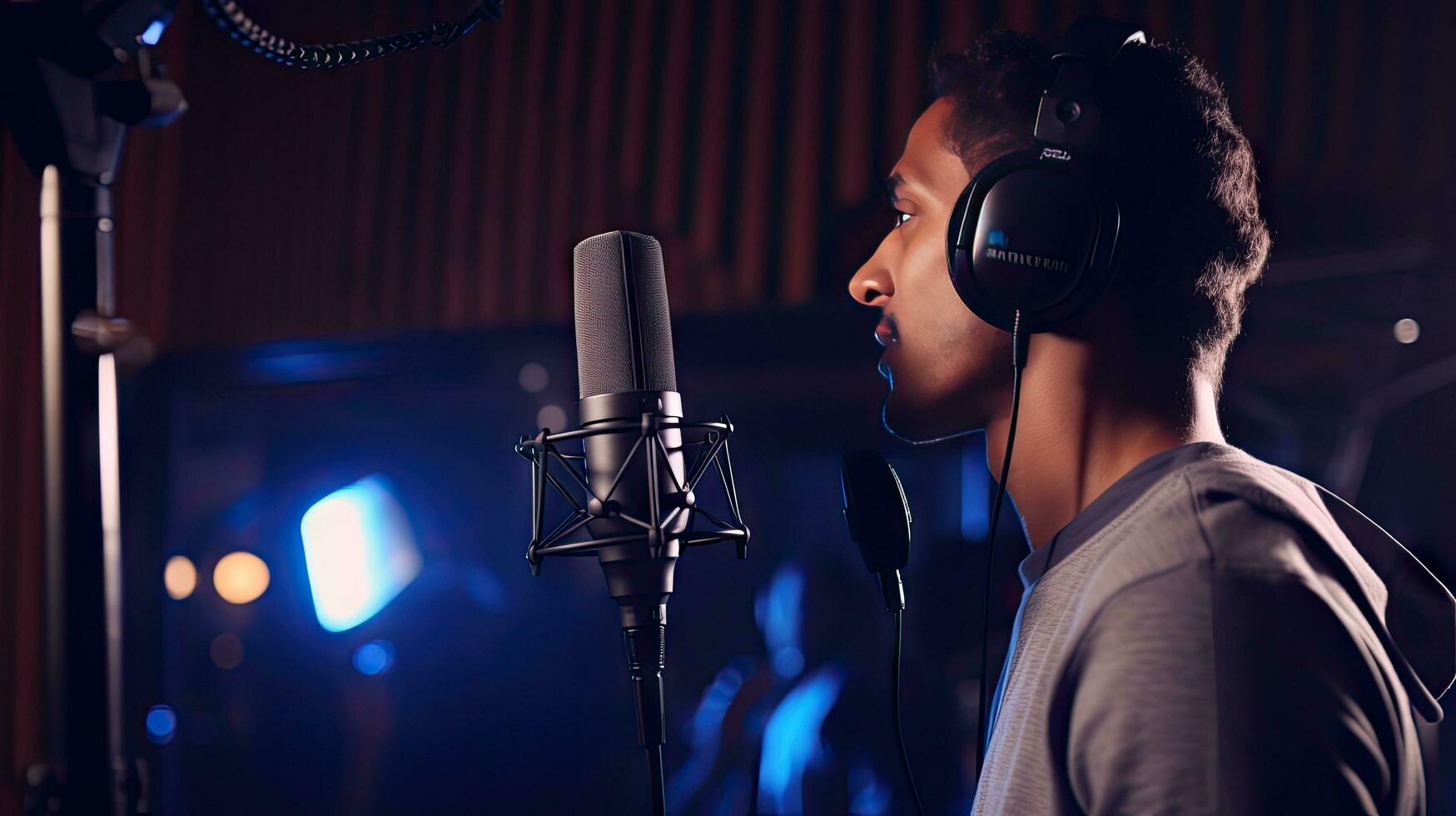 Skillful male singer with eyes closed in casual clothes with headphones and music recorded on laptop in modern lighting studio with professional microphone. photo