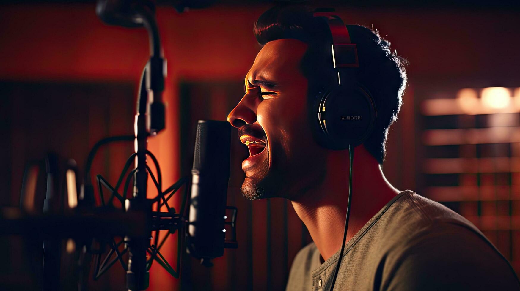 Skillful male singer with eyes closed in casual clothes with headphones and music recorded on laptop in modern lighting studio with professional microphone. photo
