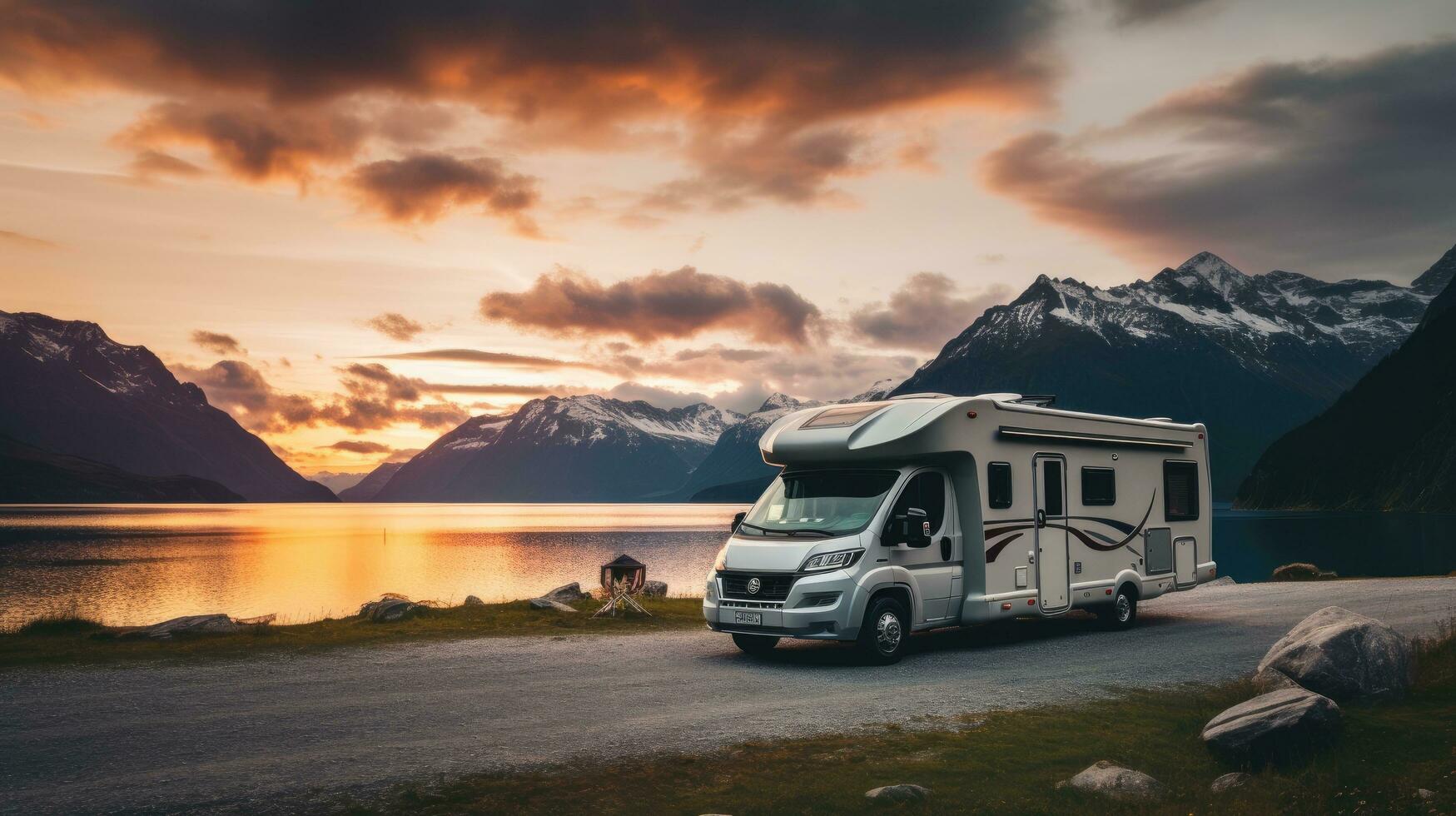 Family vacation travel RV, holiday trip in motorhome, Caravan car Vacation. Beautiful Nature Norway natural landscape. photo