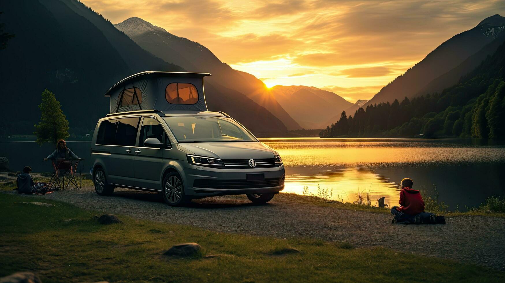 family camping car Go on holiday in a campervan, parked next to the river, with the mountains behind the sunset. photo