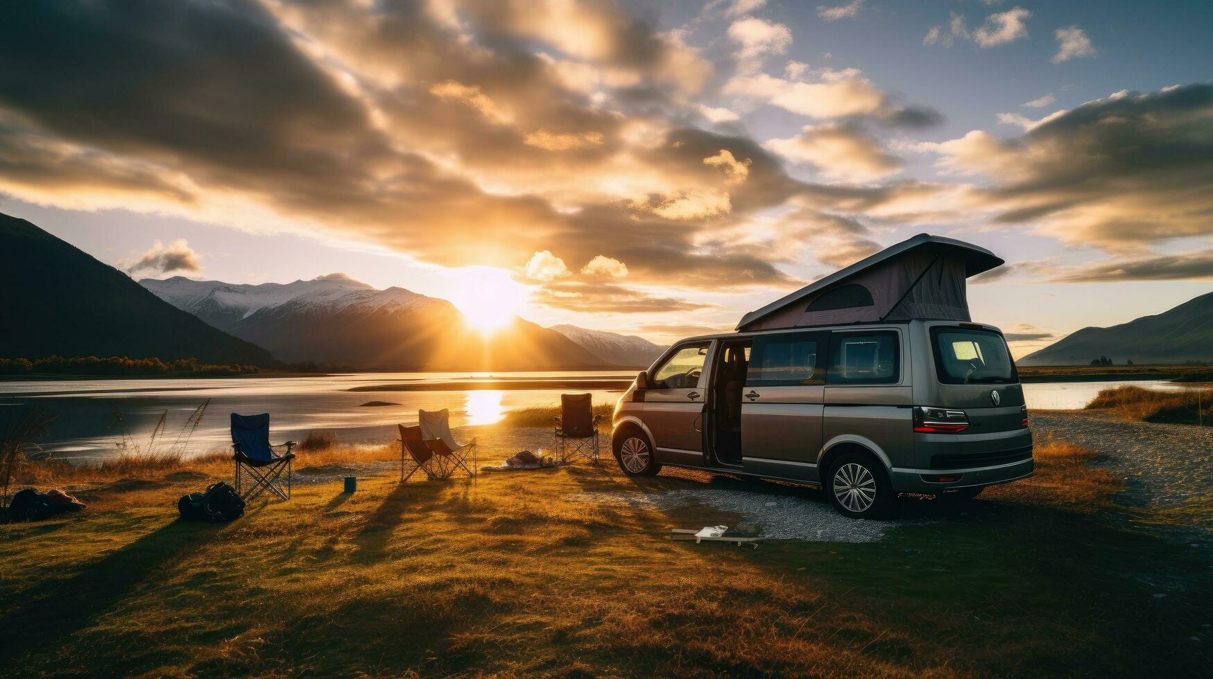 family camping car Go on holiday in a campervan, parked next to the river, with the mountains behind the sunset. photo