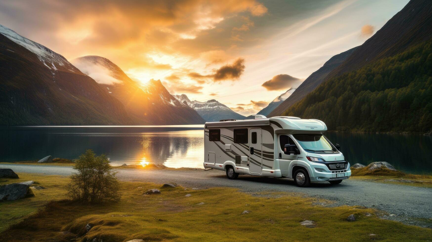 Family vacation travel RV, holiday trip in motorhome, Caravan car Vacation. Beautiful Nature Norway natural landscape. photo