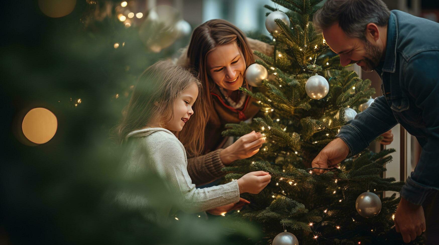 Family decorating the Christmas tree photo