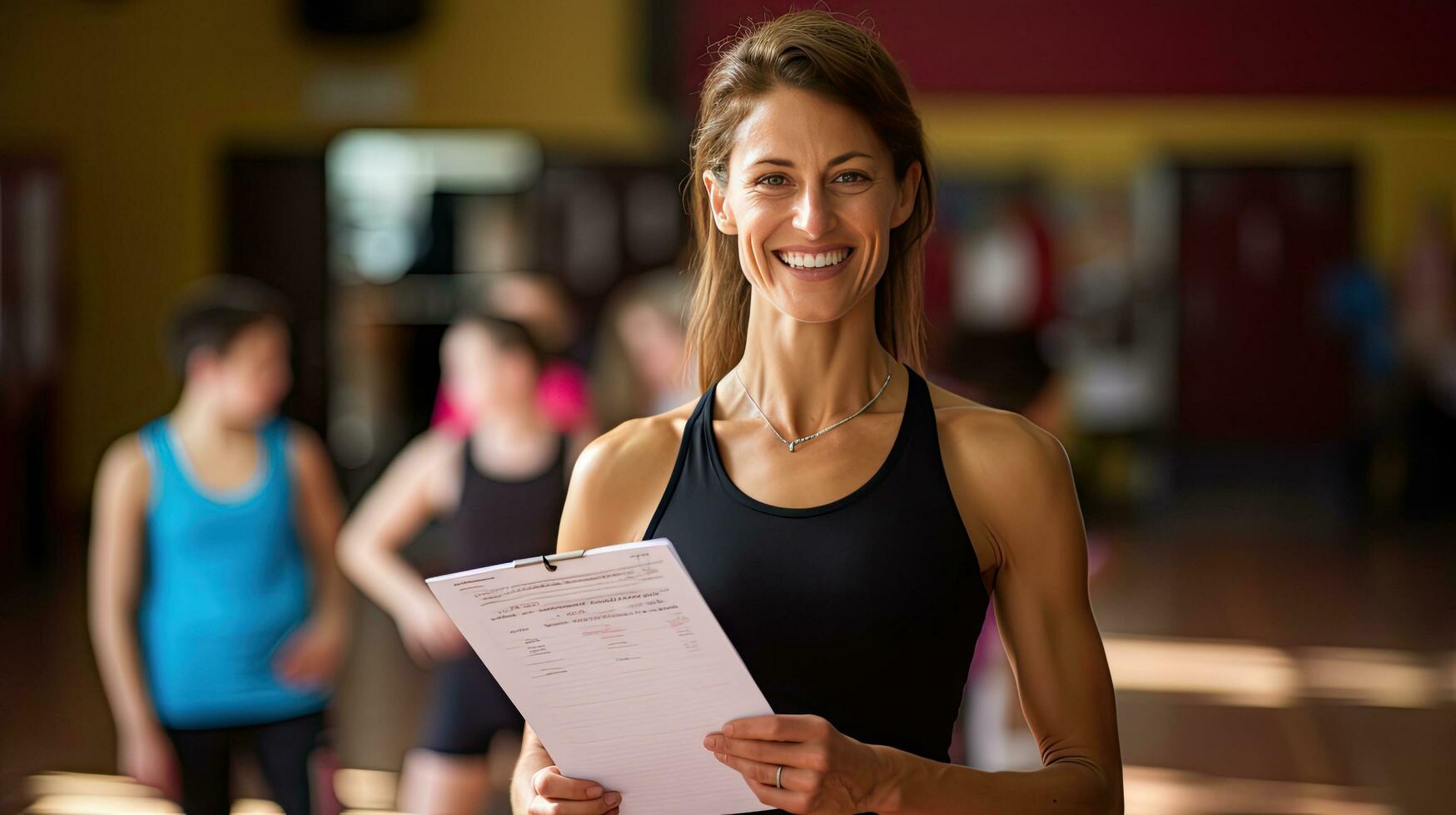 hembra físico educación profesor sostiene un sonriente gimnasio carpeta detrás su para estudiantes a ejercicio. foto