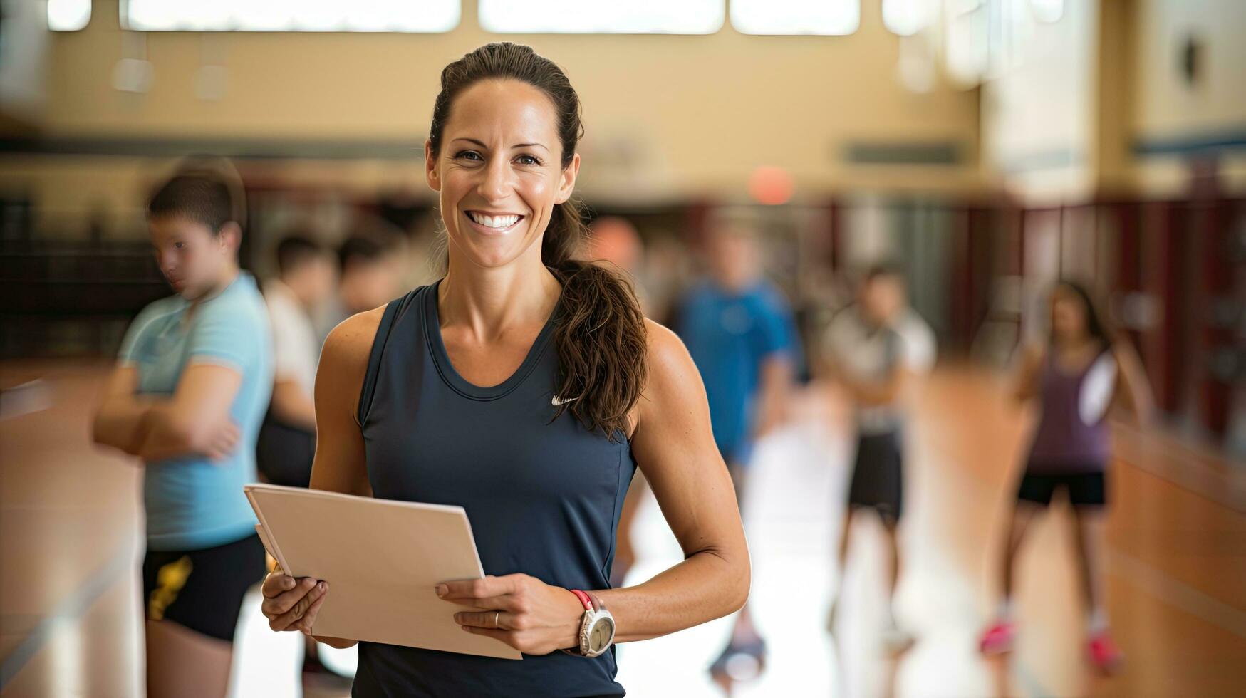 hembra físico educación profesor sostiene un sonriente gimnasio carpeta detrás su para estudiantes a ejercicio. foto