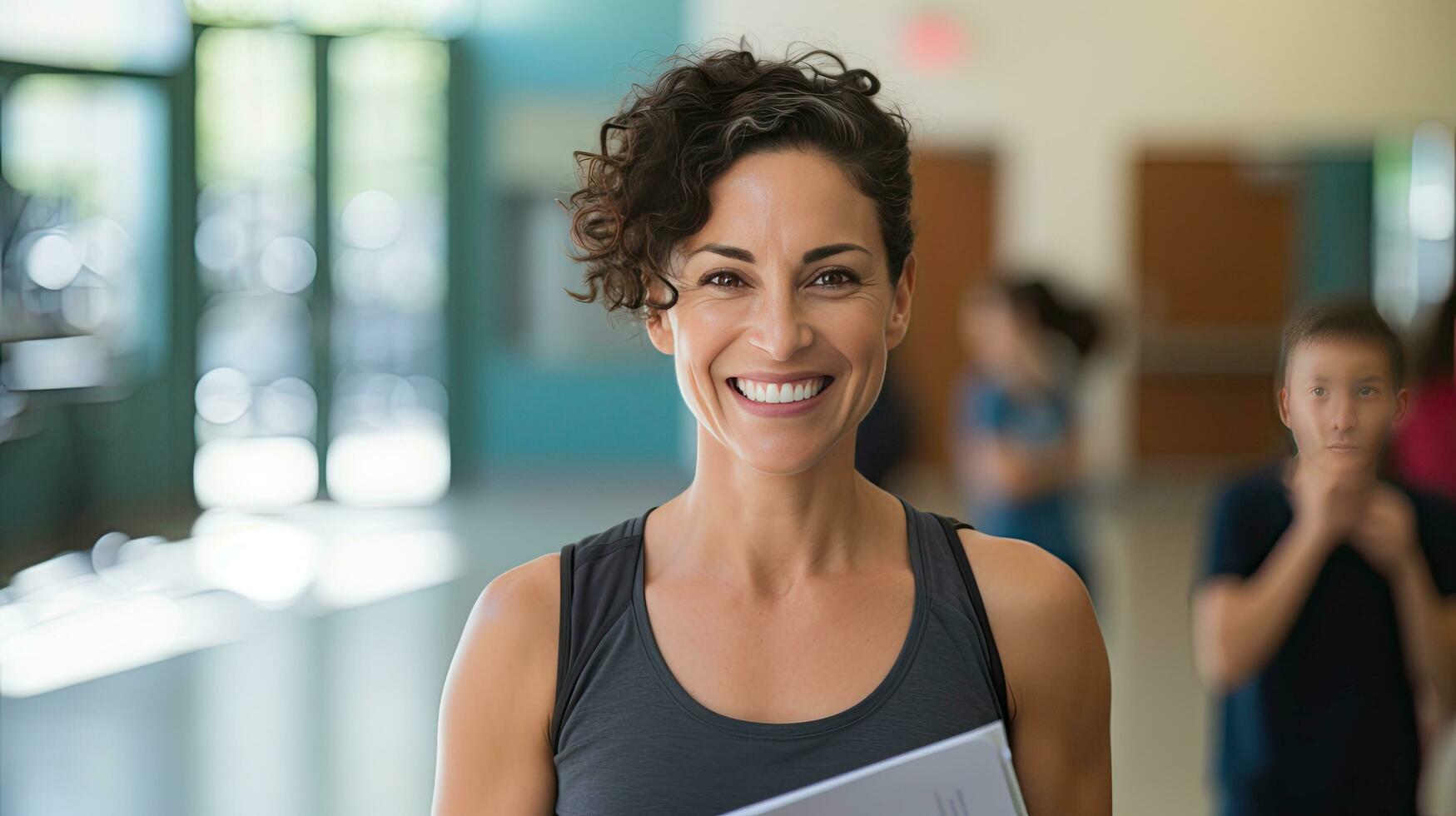 Female physical education teacher holds a Smiling Gym folder behind her for students to exercise. photo