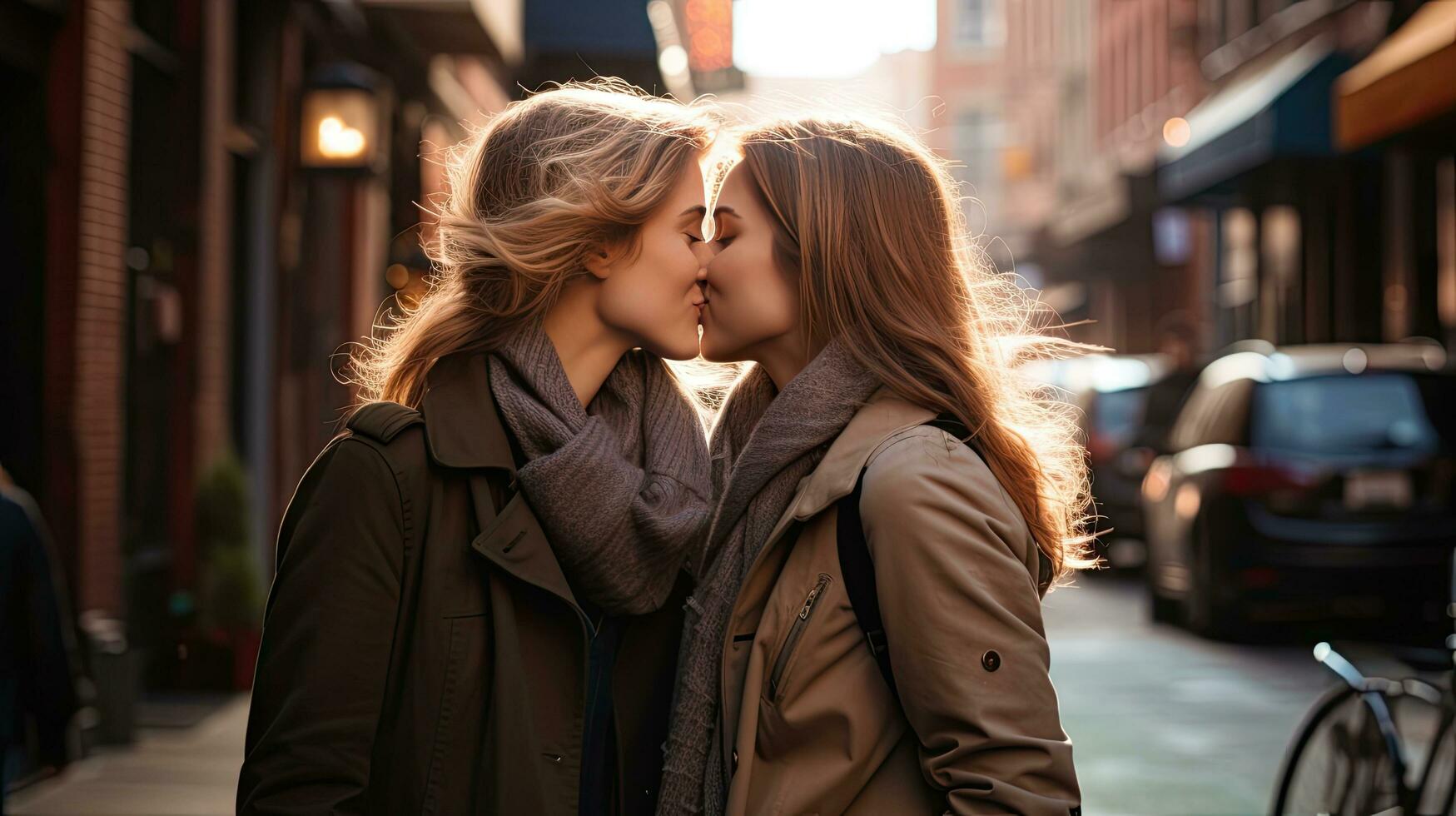 Lesbian couple kissing during a romantic date at sunset on the streets of Madrid photo
