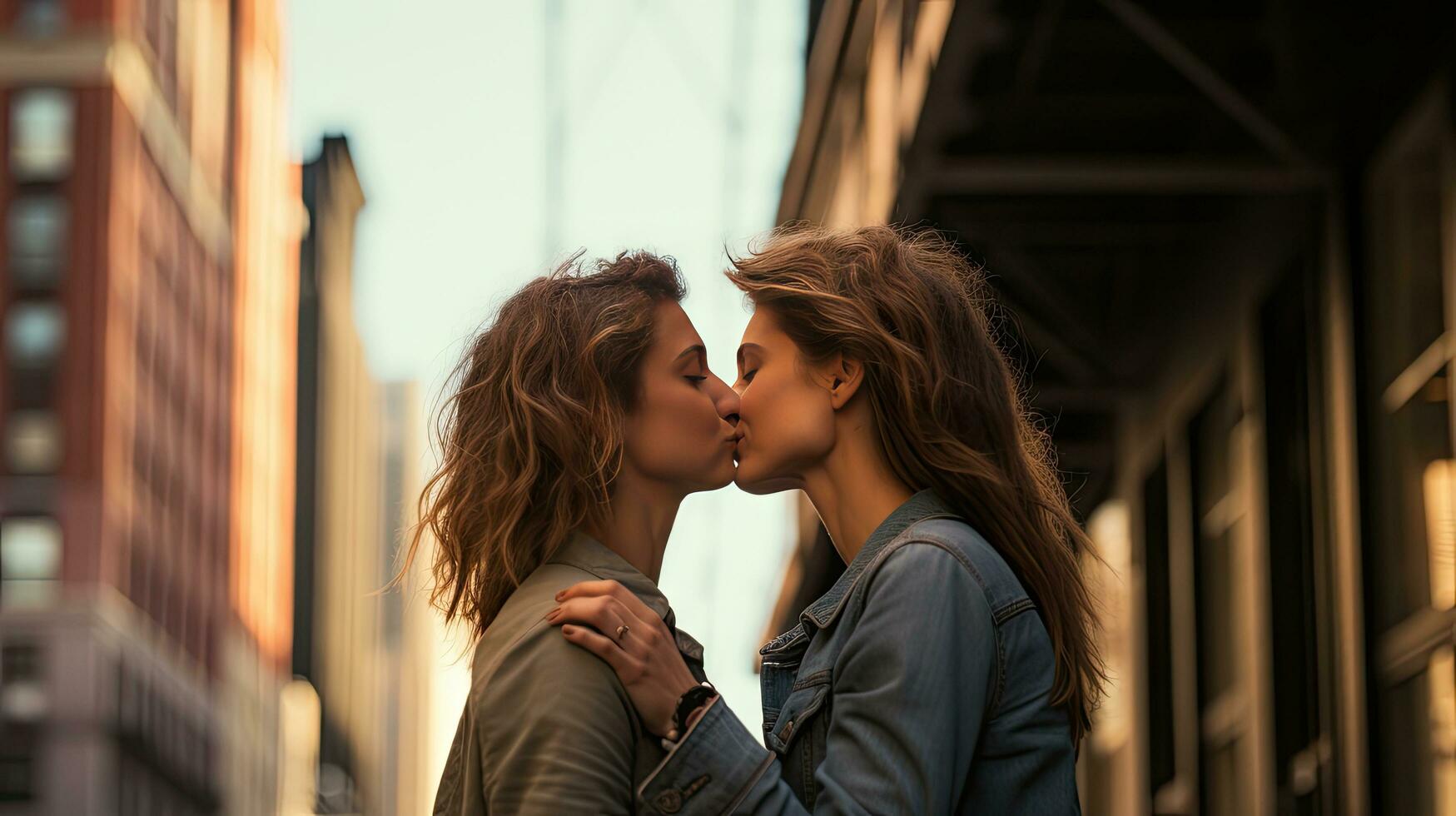 Lesbian couple kissing during a romantic date at sunset on the streets of Madrid photo