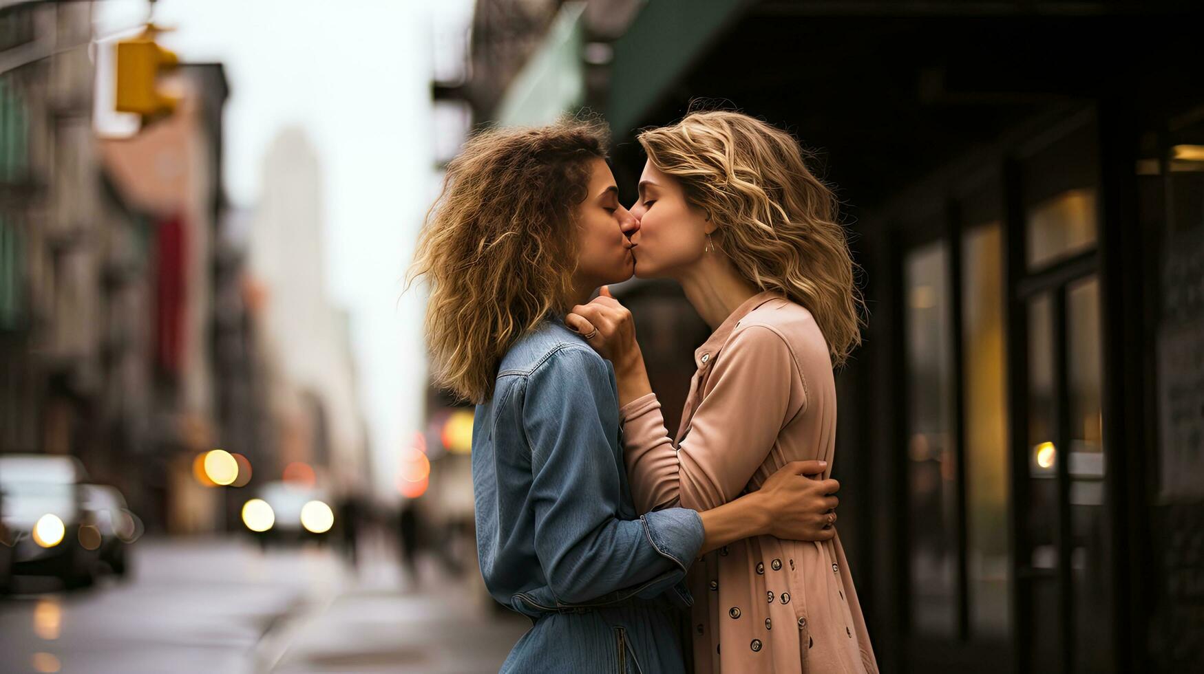 Lesbian couple kissing during a romantic date at sunset on the streets of Madrid photo