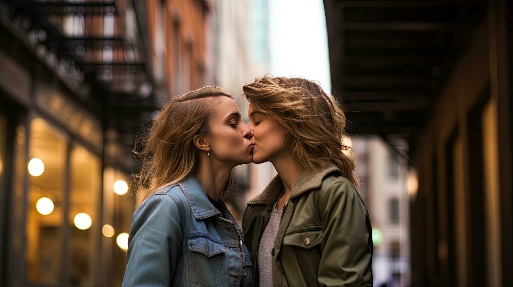 lesbiana Pareja besos durante un romántico fecha a puesta de sol en el calles de Madrid foto