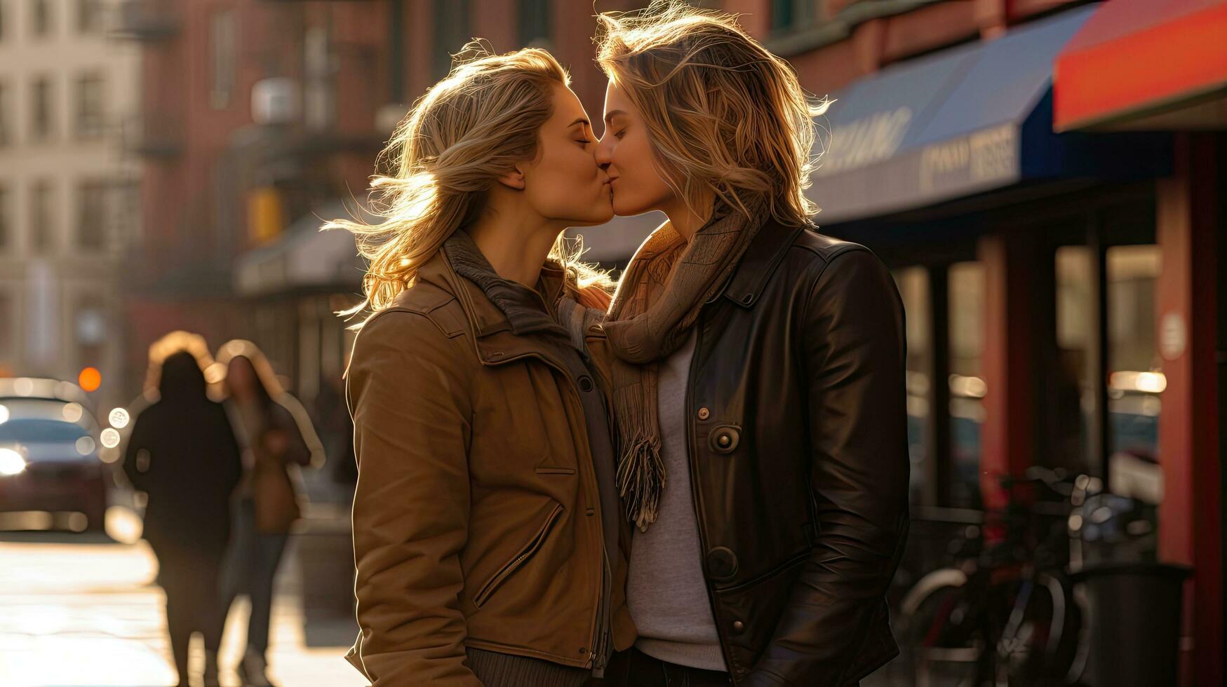 Lesbian couple kissing during a romantic date at sunset on the streets of Madrid photo