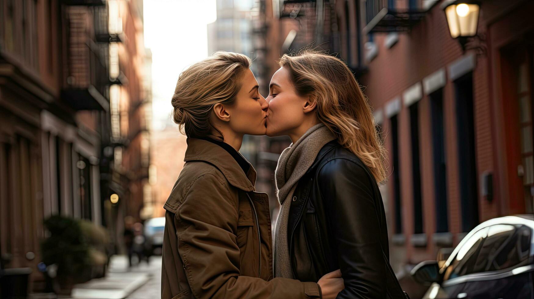 Lesbian couple kissing during a romantic date at sunset on the streets of Madrid photo