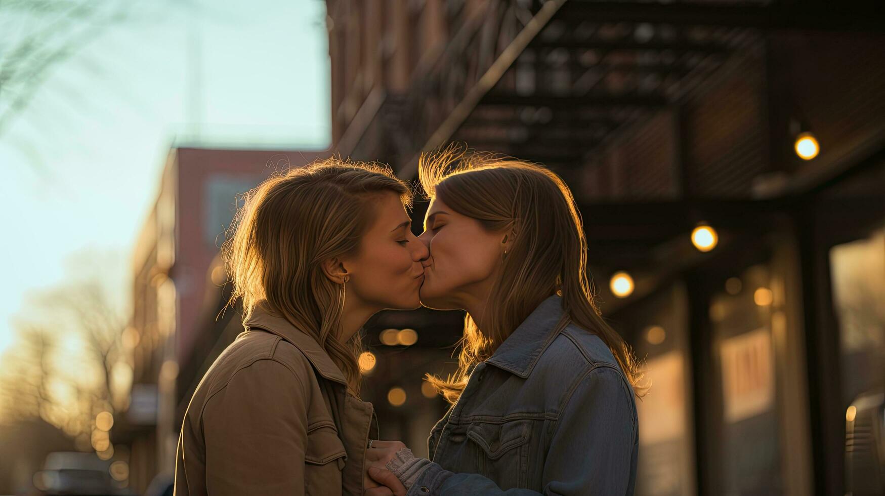 Lesbian couple kissing during a romantic date at sunset on the streets of Madrid photo