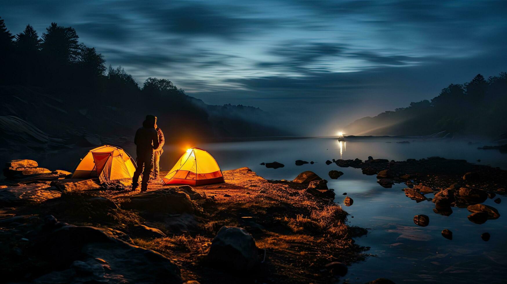 Night camping on the banks of male and female hikers There is thick fog along the river. photo