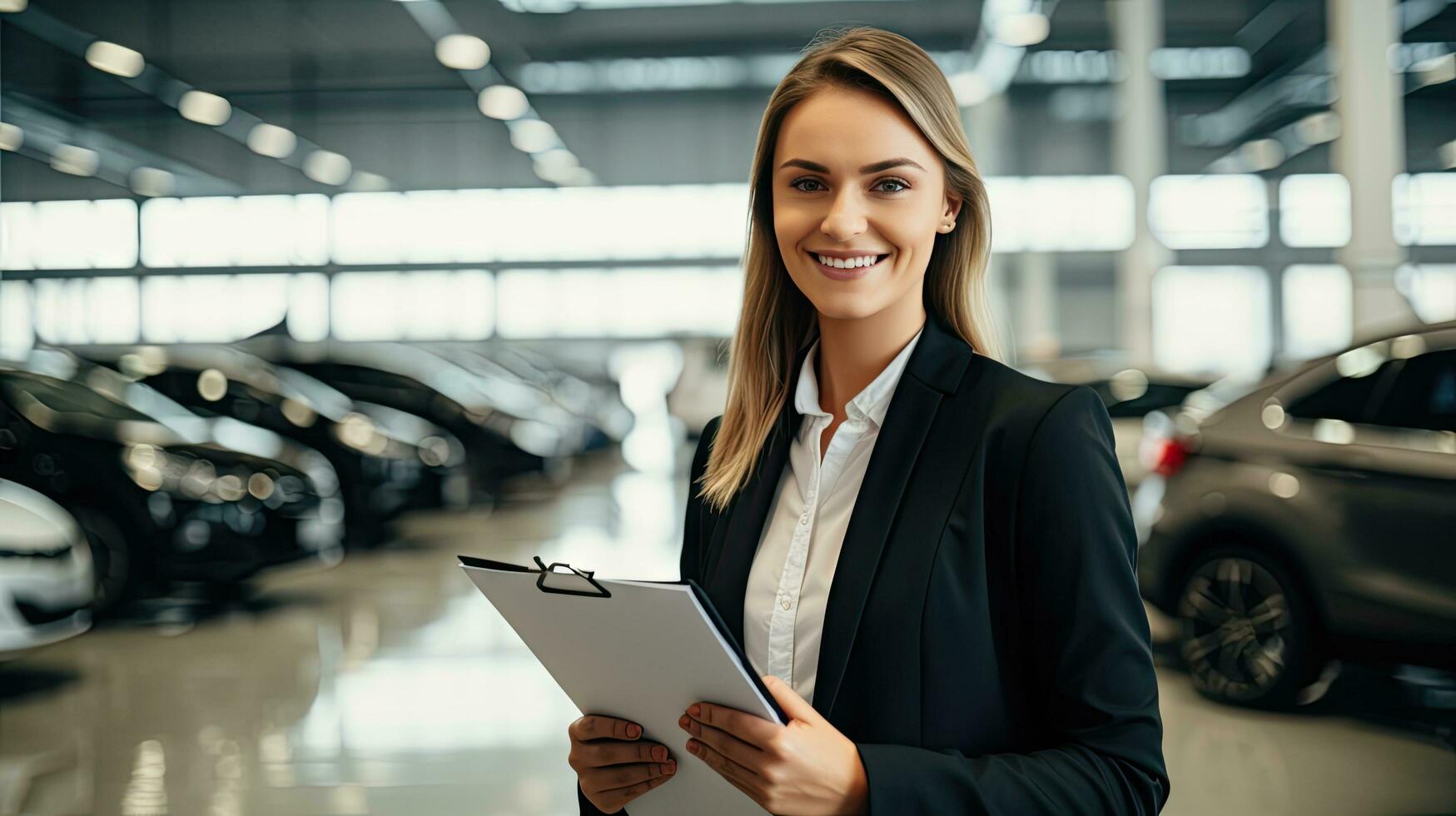 Best female salesperson at consultant, dealer or manager in elegant suit with sales work manual. photo