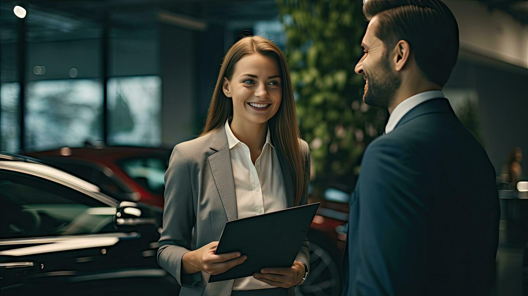 Best female salesperson at consultant, dealer or manager in elegant suit with sales work manual. photo