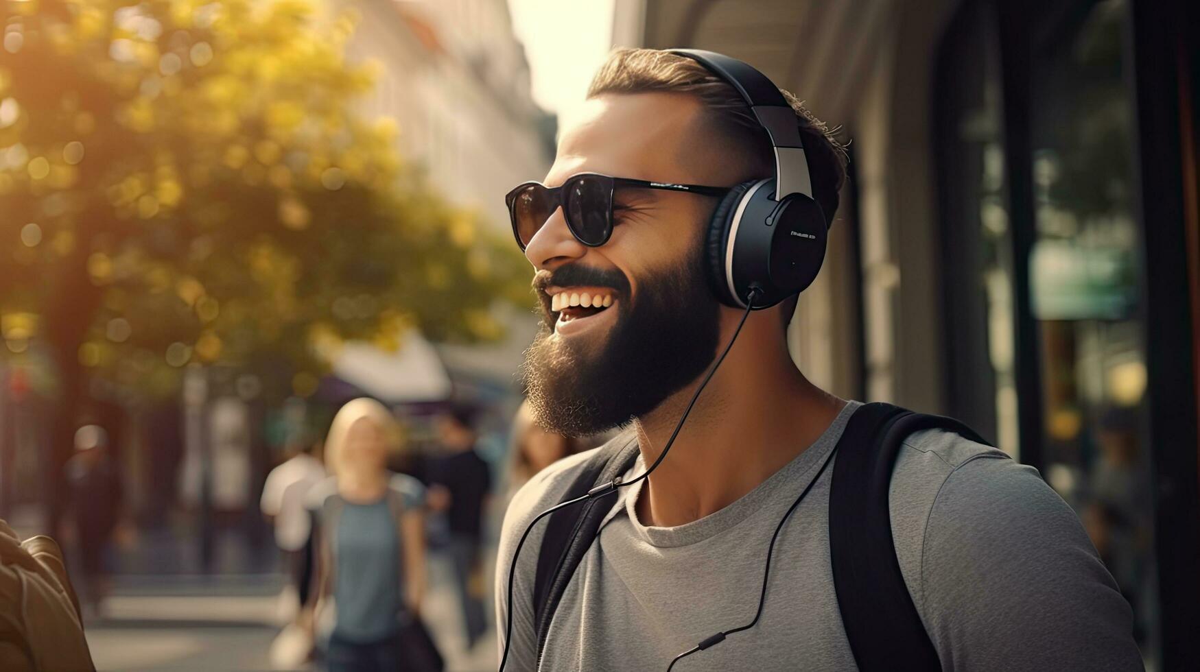 Smiling bearded man listening to music through wireless headphones photo