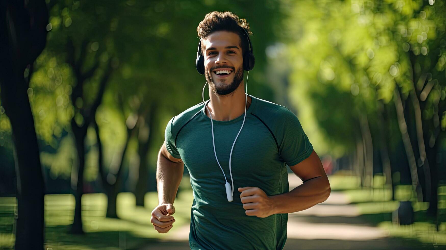 joven barbado hombre felizmente carreras en el parque con auriculares en un bonito verano día. foto