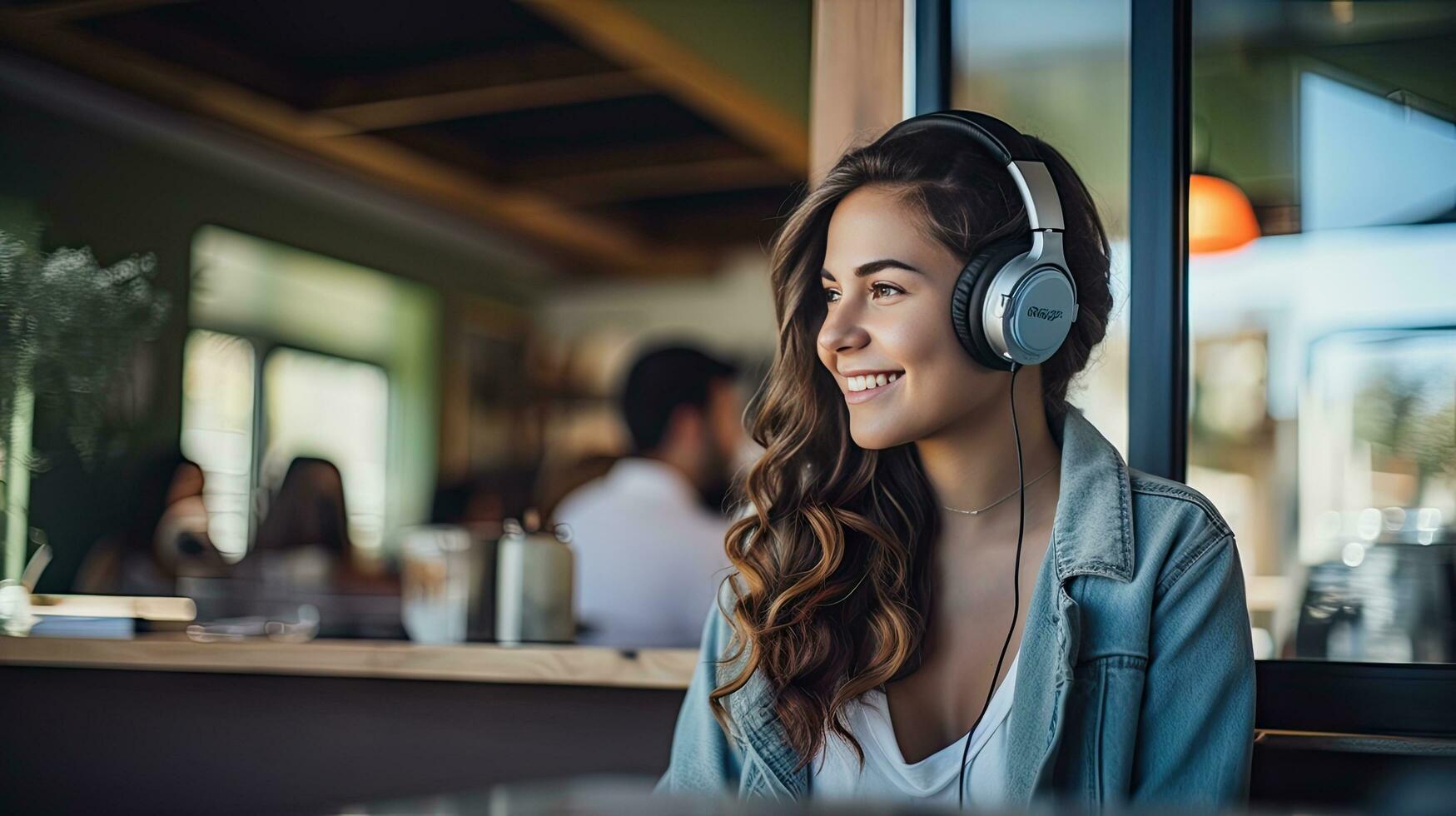 Smiling woman listening to music through wireless headphones and playing on tablet sitting in a coffee shop photo