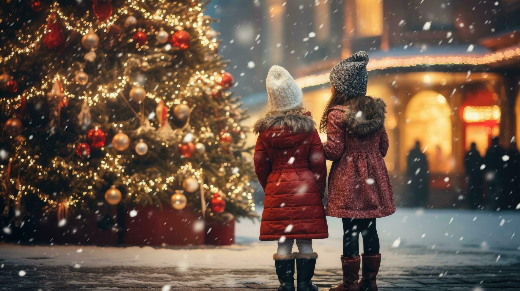 Two young girls standing on the Christmas street looking at the Christmas tree covered with snow photo