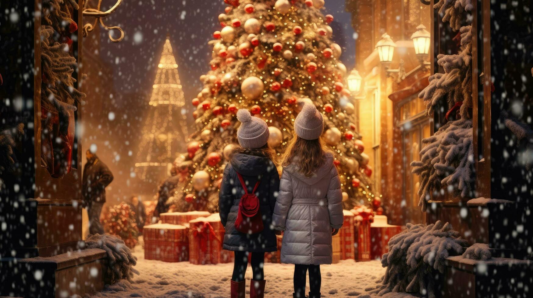 Two young girls standing on the Christmas street looking at the Christmas tree covered with snow photo