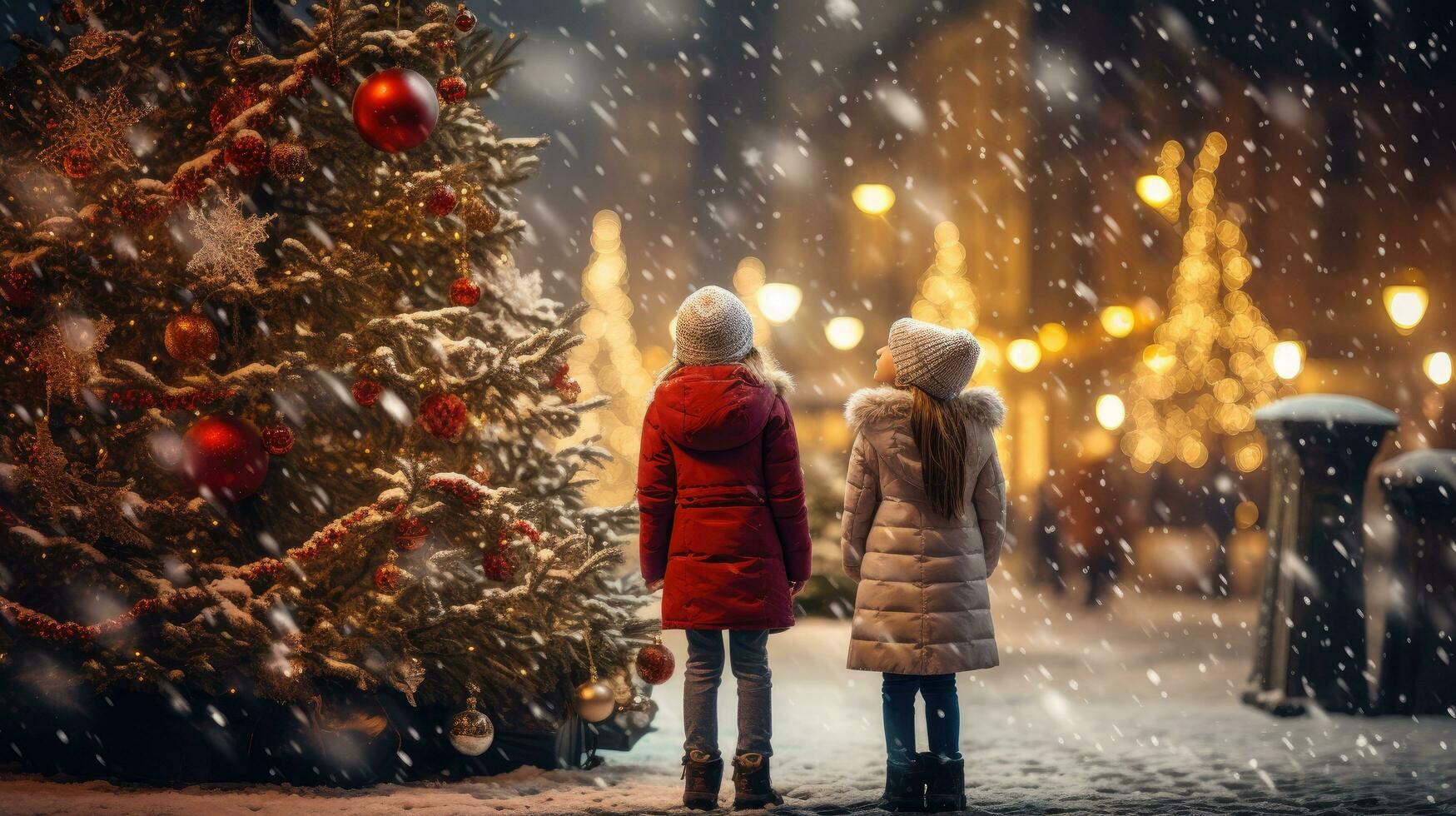 Two young girls standing on the Christmas street looking at the Christmas tree covered with snow photo