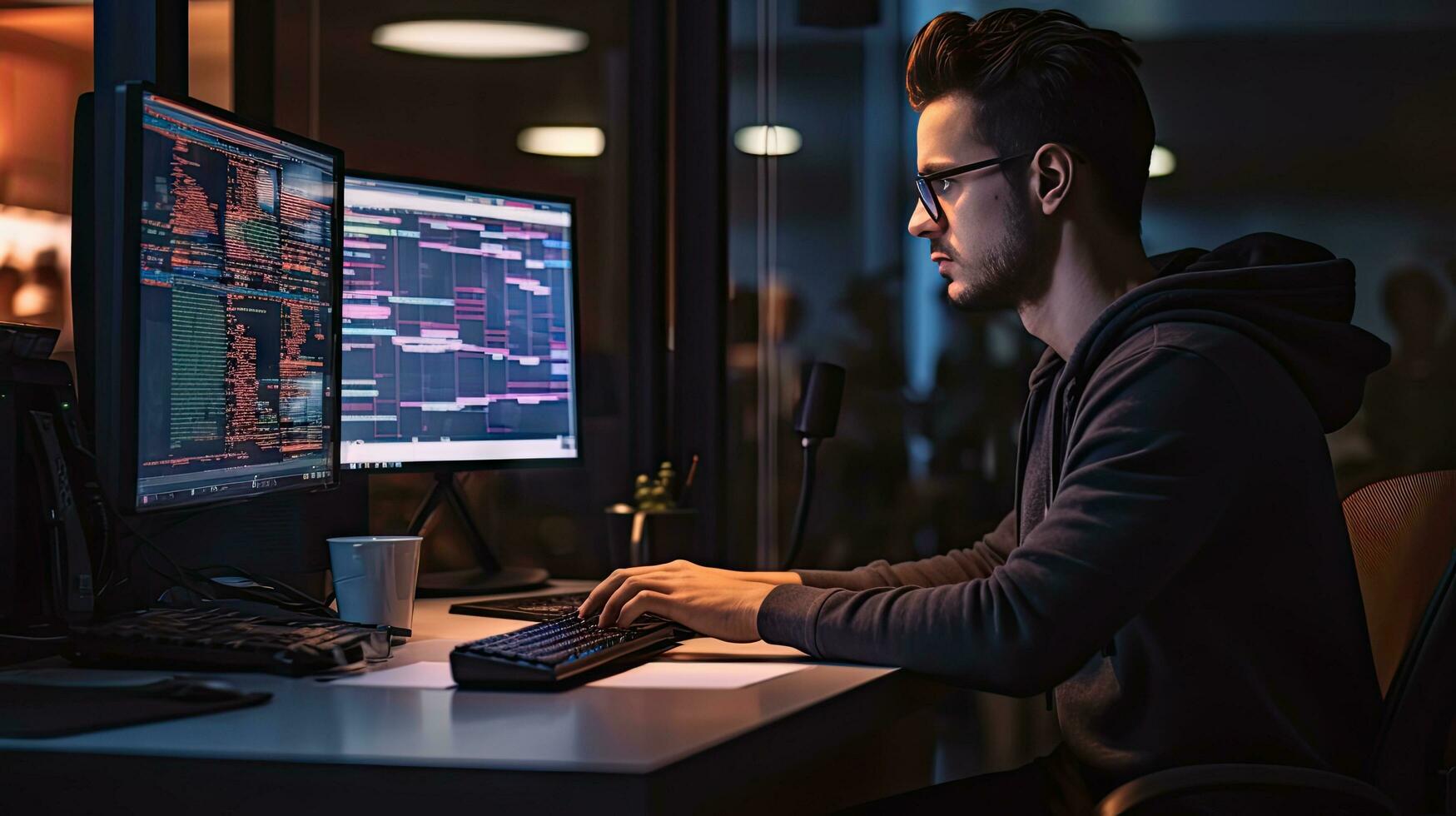 Young male software developer writes a program while working in the office. photo