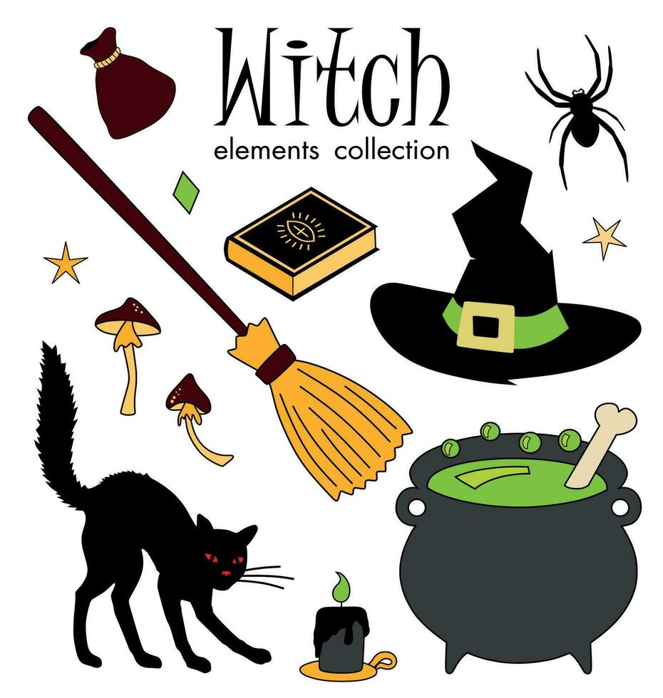 Witch elements collection. Set of witch stickers vector