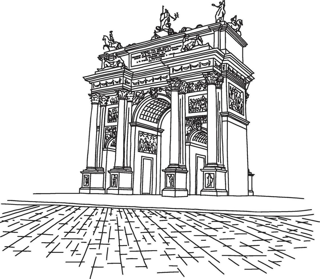 Milan - Arco della Pace. Parco Sempione. Hand drawn line art sketch style architecture drawing . Minimalist simple city monument illustration. Piazza Sempione. vector