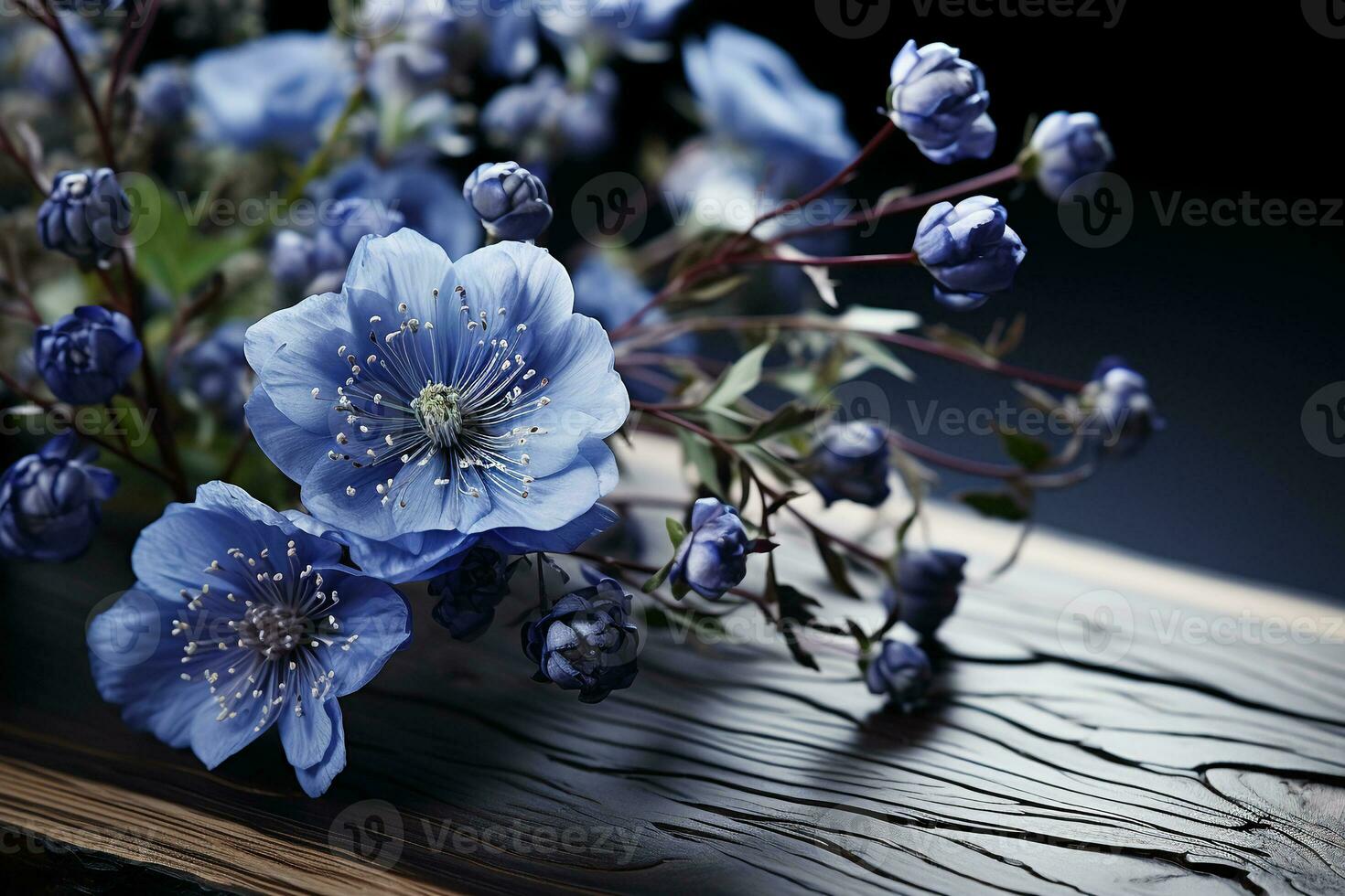 Single laminate plank surrounded by blue floral elements. AI generative photo