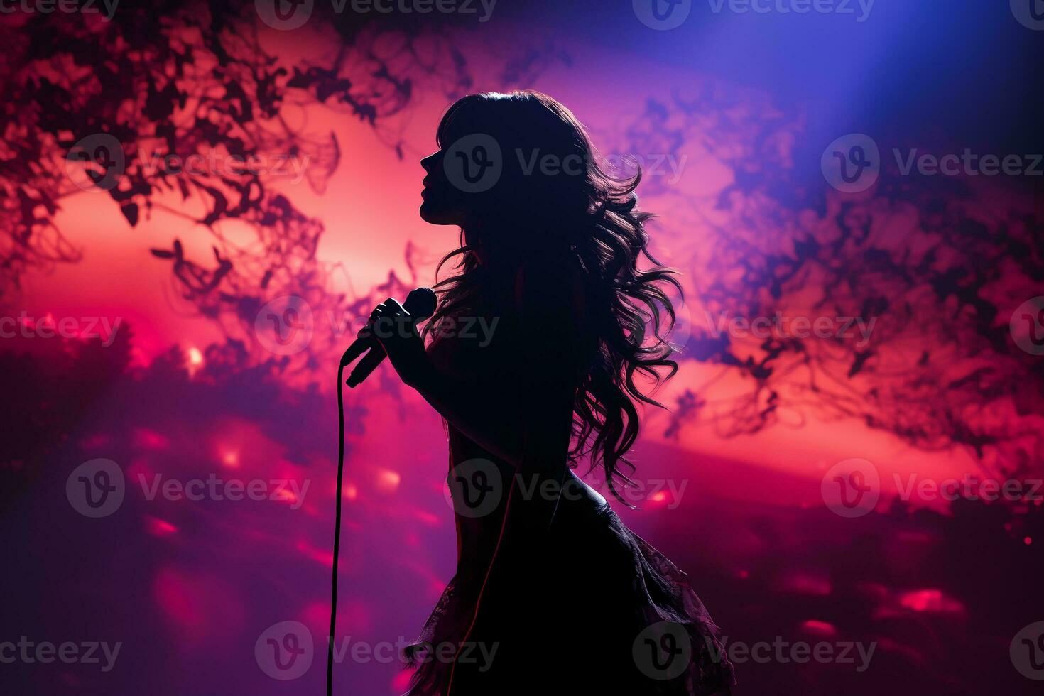 Stylish photography of folklore girl singing to a microphone on stage. AI generative photo