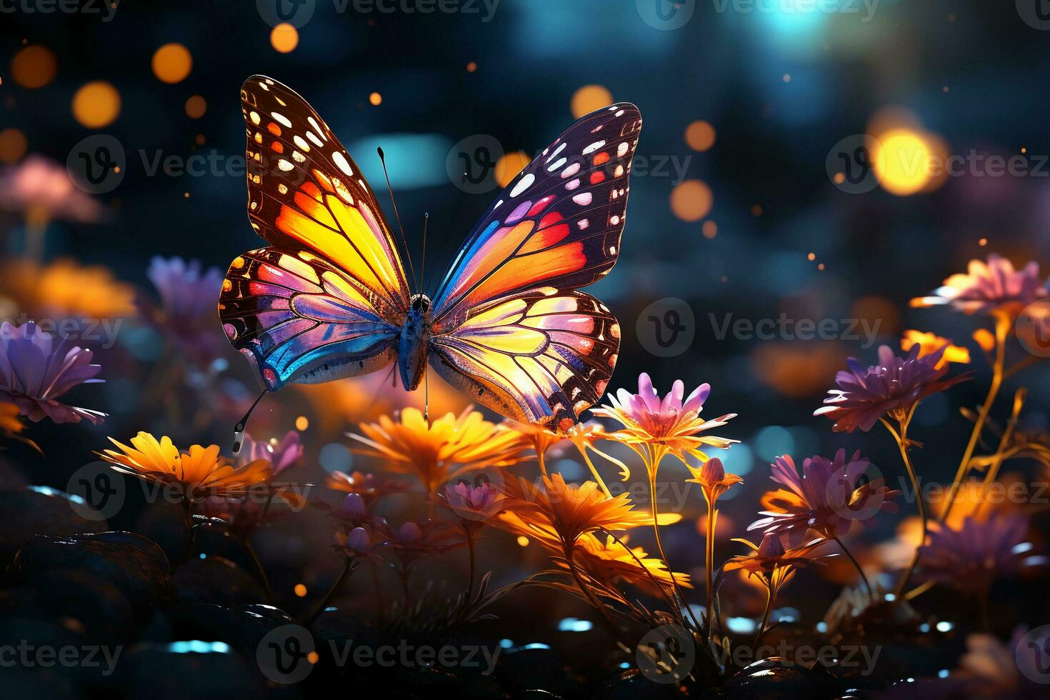 Flower meadow, anime style, Butterfly. AI generative photo