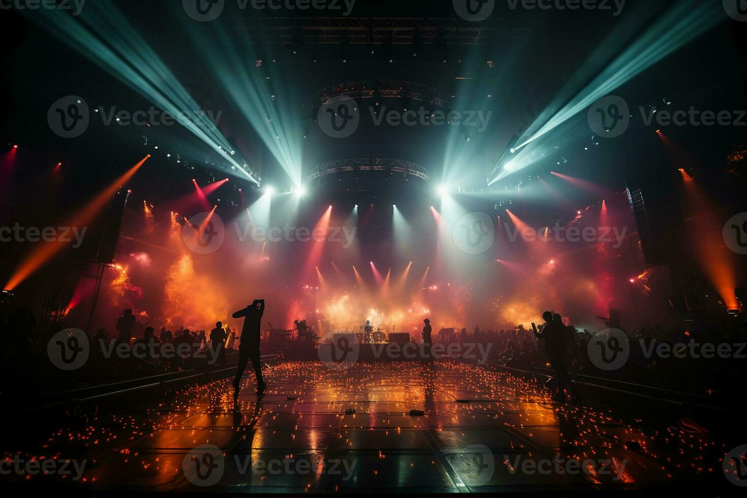 Concert stage with screen illuminated by spotlights. AI generative photo