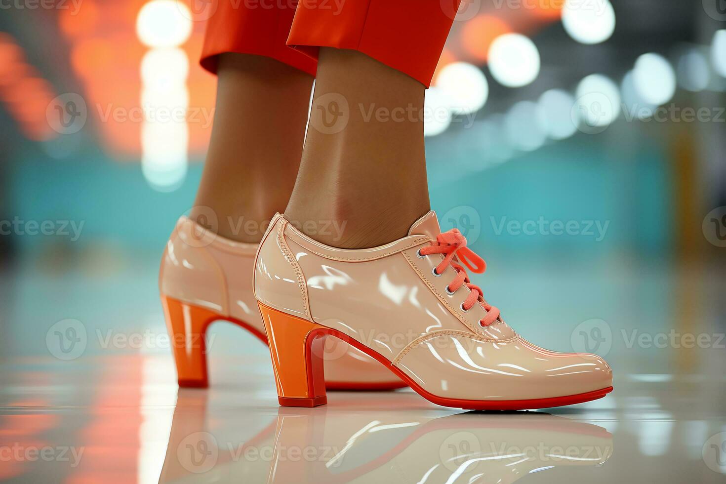 Zoom close up woman in flat shoes walking side view light and bright background indoor hyper realistic images. AI generative photo