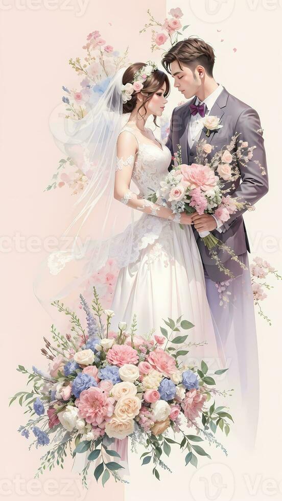 wedding couple with flower watercolor background photo