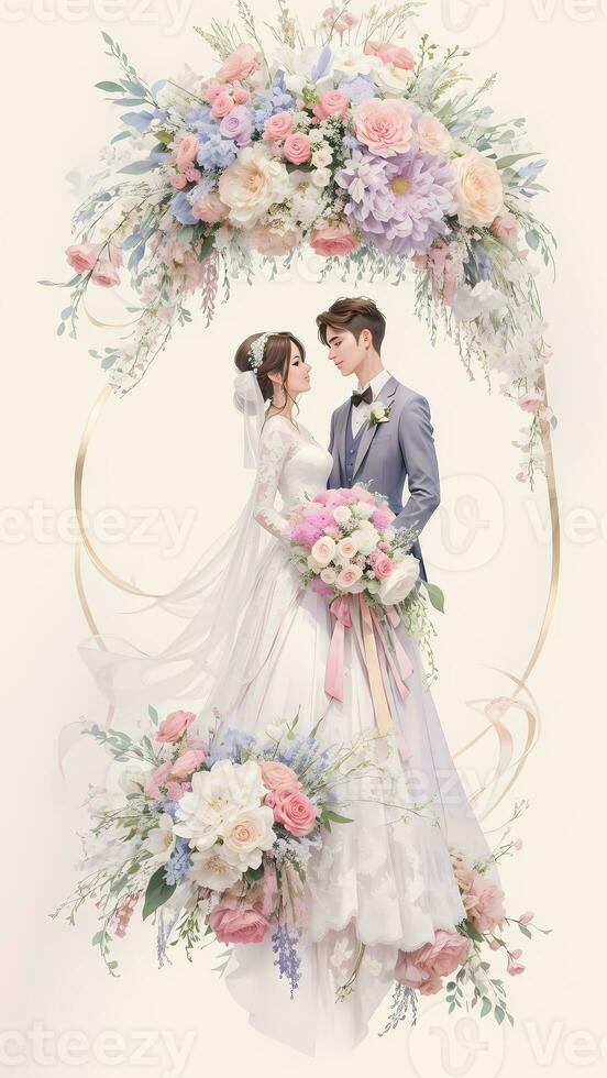 wedding couple with flower watercolor background photo