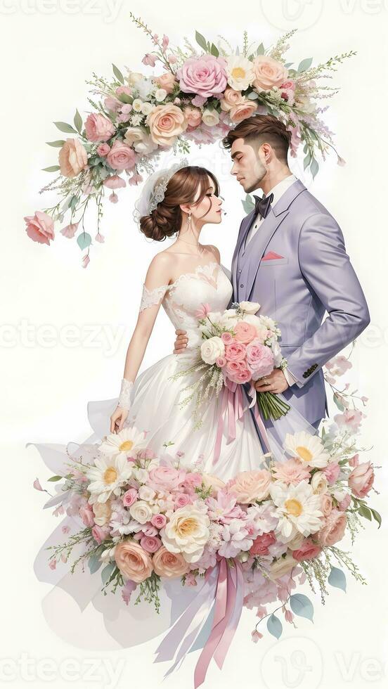 wedding couple with flower watercolor background photo