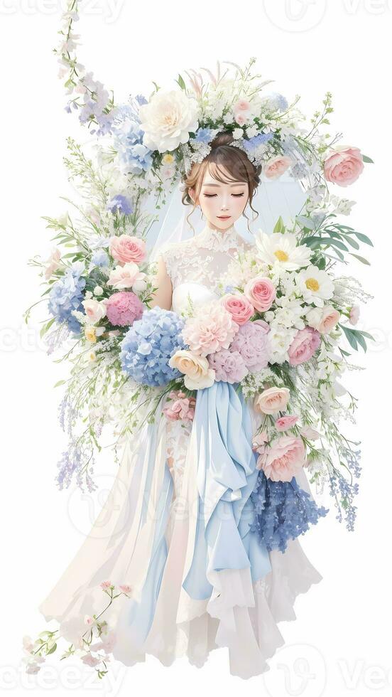 wedding couple with flower watercolor background photo