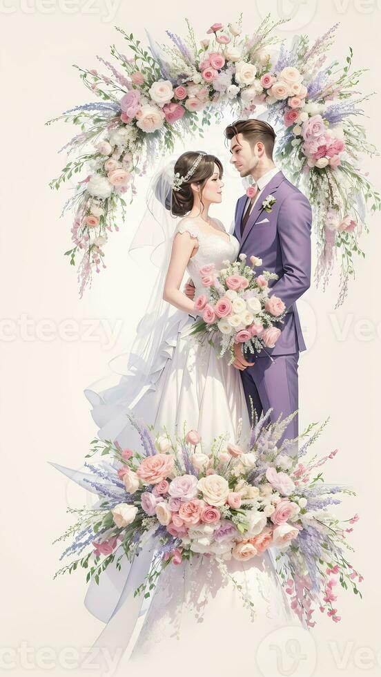 wedding couple with flower watercolor background photo