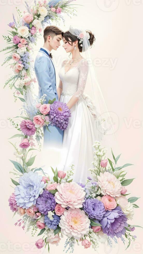 wedding couple with flower watercolor background photo