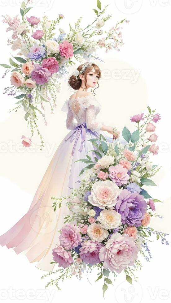 wedding couple with flower watercolor background photo