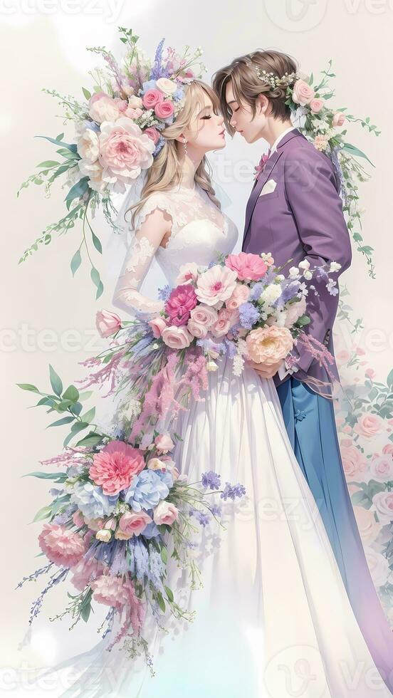 wedding couple with flower watercolor background photo